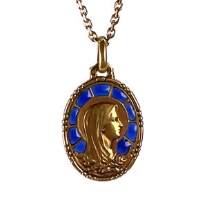 French Virgin Mary Plique A Jour Enamel 18K Yellow Gold Charm Pendant