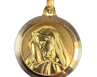 Vintage French Virgin Mary 18K Yellow Gold Medal Pendant