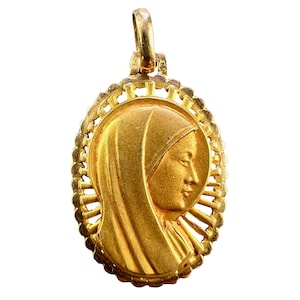 French Virgin Mary 18K Yellow Gold Religious Medal Pendant