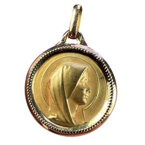 French Virgin Mary 18K Yellow Gold Religious Medal Pendant