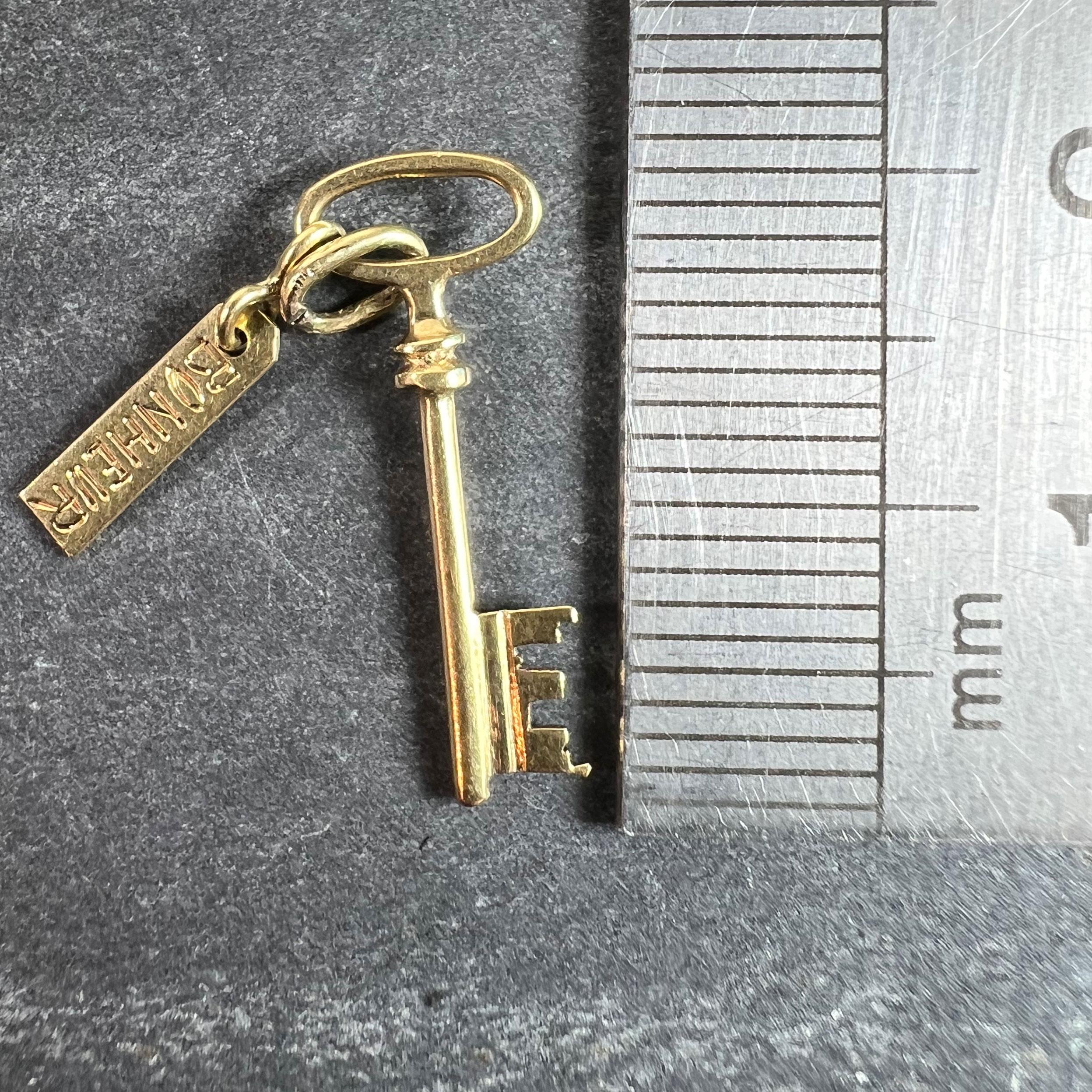 Vintage French Bonheur Good Luck Key 18K Yellow Gold Charm Pendant