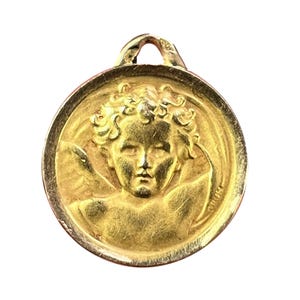 French Grun Raphael’s Cherub 18K Yellow Gold Medal Pendant