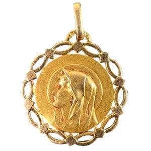 French Pageri Perroud Virgin Mary 18K Yellow Gold Framed Medal Pendant
