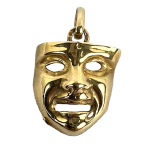 Vintage French Comedy Tragedy Theatre Drama Mask 18K Yellow Gold Charm Pendant