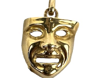 Vintage French Comedy Tragedy Theatre Drama Mask 18K Yellow Gold Charm Pendant
