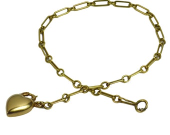 Yellow Gold Chain Link Bracelet With Puffy Heart Padlock Charm Pendant