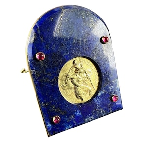 Cartier Becker St Christopher 18 Karat Yellow Gold Medal Lapis Lazuli Ruby Frame