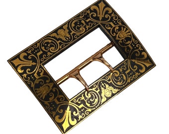 French Tissot 18K Yellow Gold Damascene Steel Belt Buckle