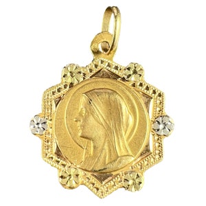 French Virgin Mary 18K Yellow White Gold Medal Charm Pendant