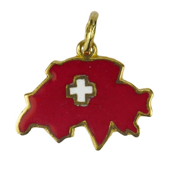 18K Yellow Gold Red Enamel Switzerland Map Charm … - image 1