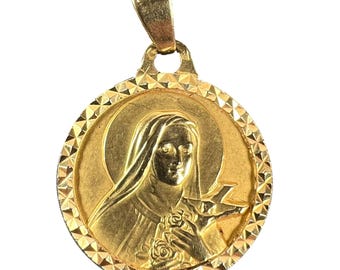 French Saint Therese 18K Yellow Gold Charm Medal Pendant