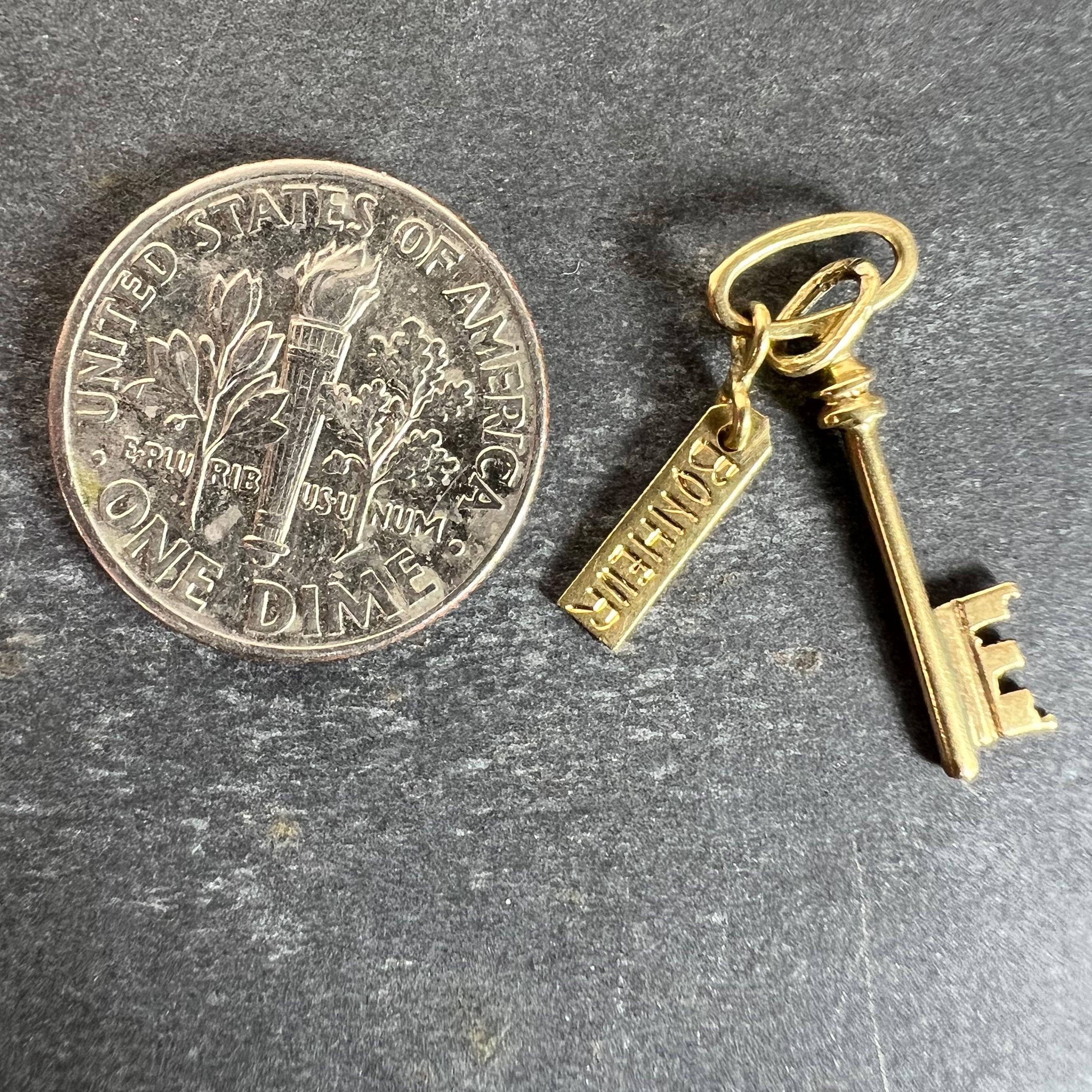 Vintage French Bonheur Good Luck Key 18K Yellow Gold Charm Pendant