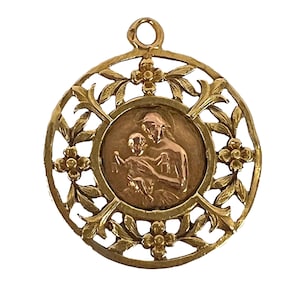 French Dropsy Madonna and Child 18K Yellow Rose Gold Charm Pendant