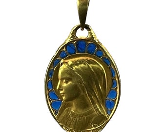 French Dropsy Virgin Mary Plique A Jour Enamel 18K Yellow Gold Pendant Medal