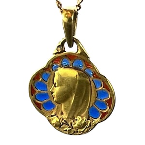 French Virgin Mary Plique A Jour Enamel 18K Yellow Gold Charm Pendant