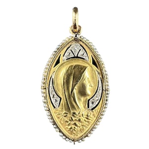 Antique Virgin Mary 18K Yellow Gold Pearl Diamond Medal Pendant