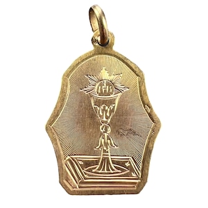 French First Communion 18K Yellow Gold Medal Pendant