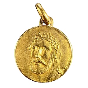 French Jesus Christ Crown of Thorns 18K Yellow Gold Medal Charm Pendant