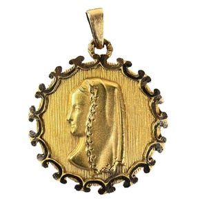 French Virgin Mary 18K Yellow Gold Medal Pendant