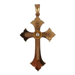French 18K Rose Yellow Gold Pearl Cross Pendant