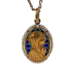 French Sellier Virgin Mary 18K Yellow Gold Enamel Pearl Pendant Necklace