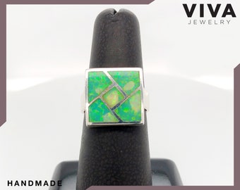 Green Opal Ring, Sterling Silver Ring, Women Unique Jewelry, Bali Ring with Green Opal Stone, Opal Ring for Women, Ring Size 5,6,7.