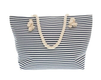 navy and white striped beach bag