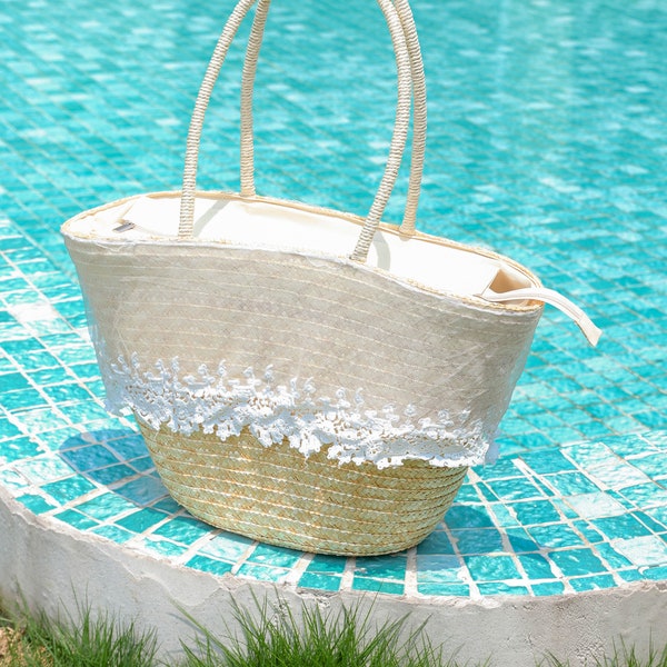 Beach bag reed white lace