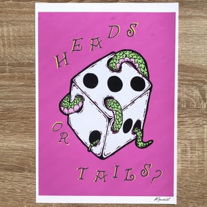 Heads or Tails | A4 Art Print | Giclée Art | Gothic Art Print | Dice Art | Girl Wall Art | 8x12 Print | Pink Punk Art | Grunge Aesthetic