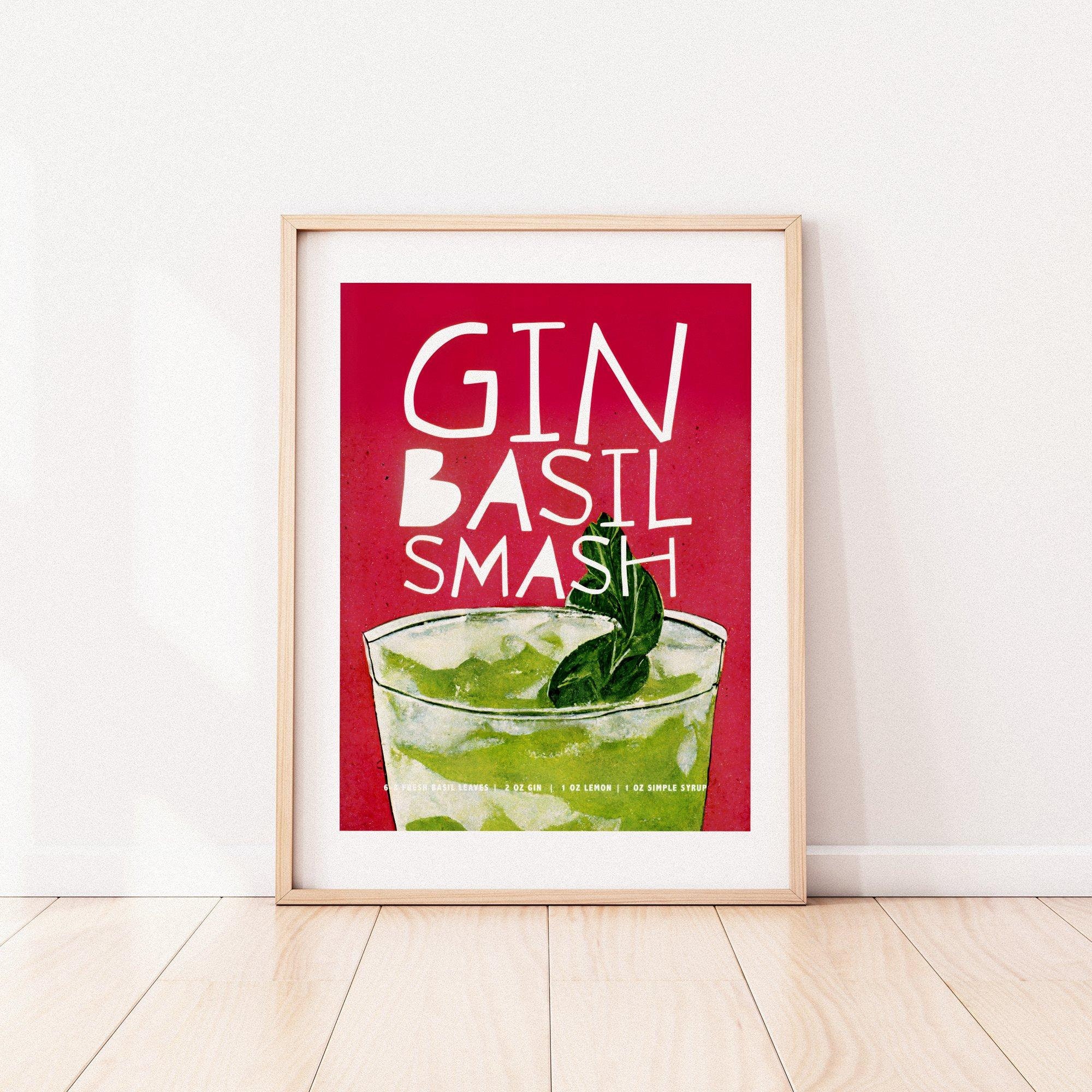 Gin Basil Retro Cocktail Poster Big Basilikum Bar Prints -