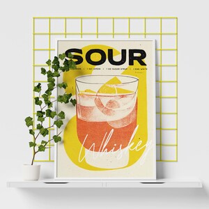 Whisky Sour Retro Cocktail Poster Lemon Twist Bar Prints / Vintage Drinks / Recipe Wall Art