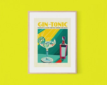 Gin Tonic Yellow Lights Cocktail Poster | Retro Bar Wall Art |  Recipe | Housewarming Gift | Vintage Home Bar Poster | Digital Download