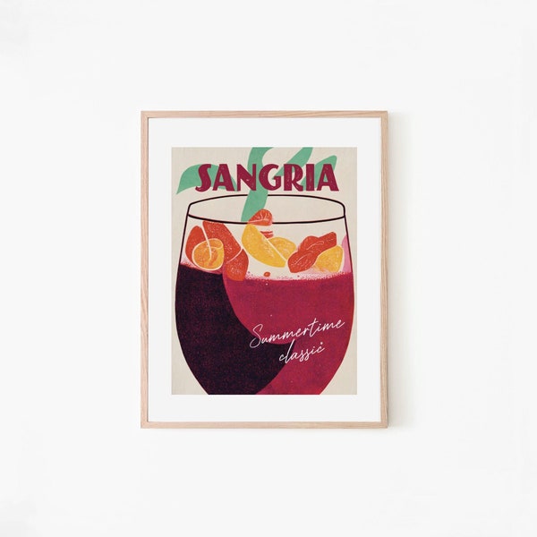 Sangria Retro Cocktail Poster Sangria Big Bowl Bar Prints | Vintage Drinks | Recipe Wall Art