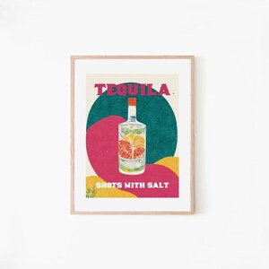 Cartel de cóctel retro de tequila Shots de tequila con impresiones de barra de sal / Bebidas vintage / Arte de pared de recetas