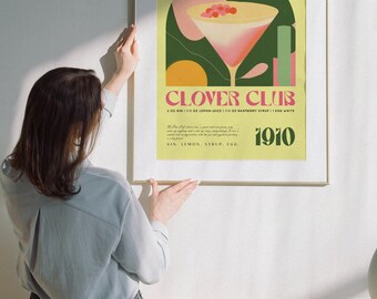 Clover Club Classic Cocktail 1910 Yellow Recipe | Retro Poster | Alcohol Art Print | Mixing Drinks | Cocktail Art Poster | Home Bar Art