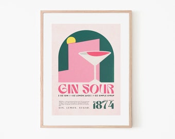 Gin Sour Classic Cocktail Abstract Landscape | Retro Cocktail Poster | Alcohol Art Print | Bar Art | Gin Sour | Gin Cocktail Wall Art