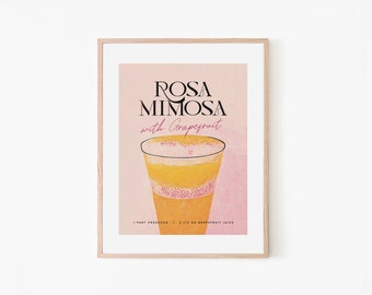 Rosa Mimosa Retro Cocktail Poster Rosa Mimosa Pink Grapefruit Bar Prints | Vintage Drinks | Recipe Wall Art