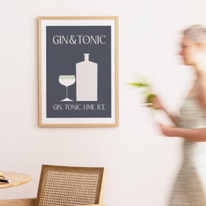 Gin Tonic Cocktail Classic Recipe Art Minimalist Grey Room Retro Cocktail Poster Alcohol Art Print Grey Bar Art Gin Cocktails image 3