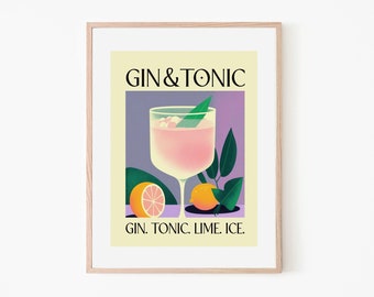 Gin Tonic Classic Cocktail Recipe Art Purple Room | Retro Cocktail Poster | Wall Art Home Bar | Tiki Room | Gin Cocktail | Drink Recipe