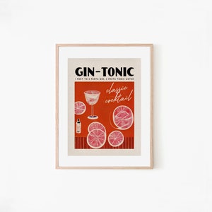 Gin Tonic Retro Cocktail Poster Red Cinema Bar Prints | Vintage Getränke | Rezept Wandkunst