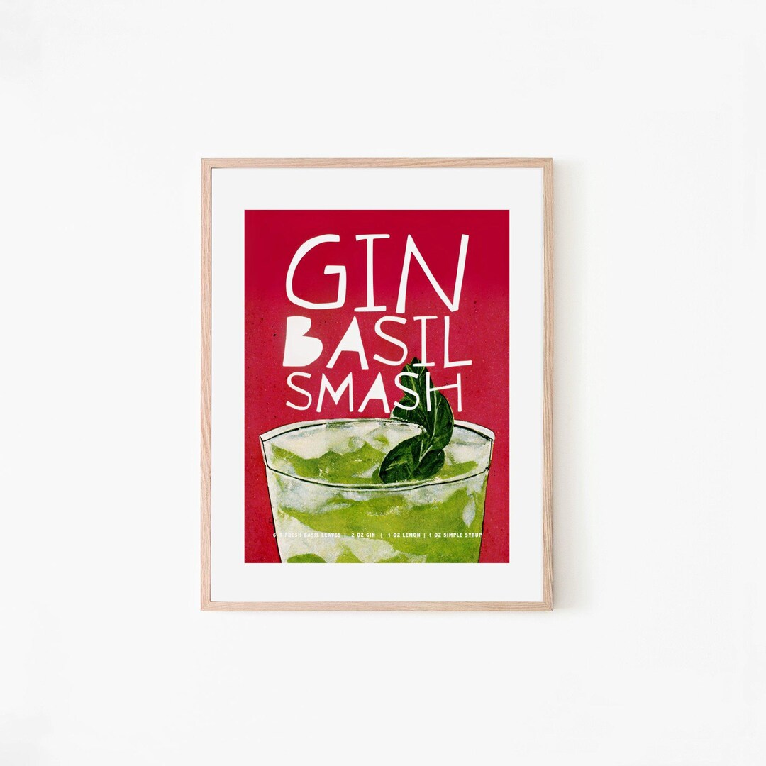 Gin Basil Smash Retro Cocktail Poster Big Basilikum Bar Prints Vintage