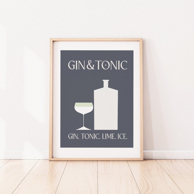 Gin Tonic Cocktail Classic Recipe Art Minimalist Grey Room Retro Cocktail Poster Alcohol Art Print Grey Bar Art Gin Cocktails image 2