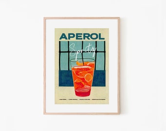 Retro Aperol Spritz Poster By the Pool Homebar | Kitchen Bar Prints | Vintage Drinks | Recipe Wall Art