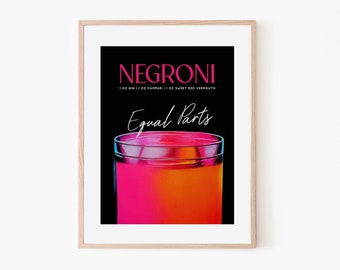 Negroni Cocktail Equal Parts | Black Art Print | Night Pink | Retro Cocktail | Modern Cocktail Wall Art | Home Bar | Pub Sign | Drink Poster