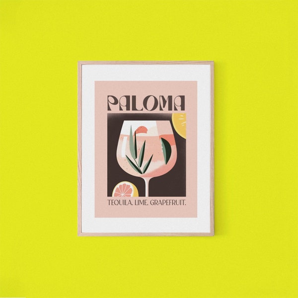 Paloma Cocktail Art Grapefruit Desert Landscape | Tequila Retro Cocktail Poster | Mexico Bar Wall Art Print