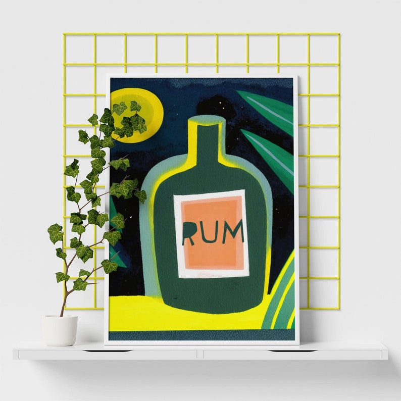 Tropical Night Rum Bottle Abstract Minimalist Home Bar Art Retro Cocktail Poster Alcohol Art Print Home Bar Art Rum Bar Tropic Art image 2