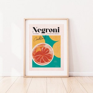 Negroni Retro Cocktail Poster Sunny Room Bar Prints | Vintage Drinks | Recipe Wall Art
