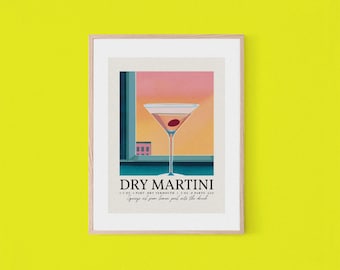 Dry Martini Pink Sunset Cocktail Poster | Retro Bar Wall Art |  Recipe | Housewarming Gift | Vintage Home Bar Poster | Digital Download
