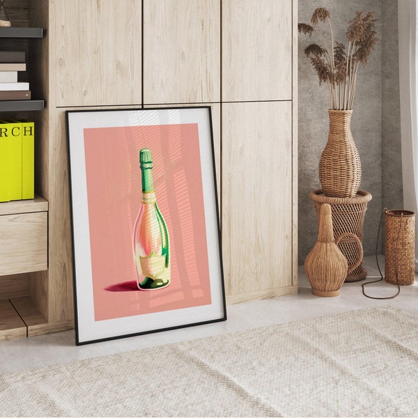 Pastel Pink Champagne Bottle Pastel Aesthetic Bar Art Cocktail Kitchen | Retro Alcohol Poster | Alcohol Art Print | Champagne | Pink Bar Art