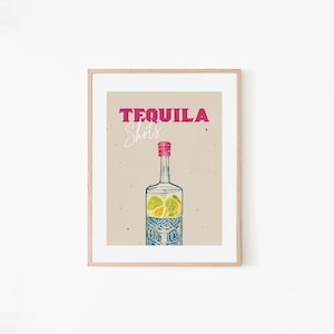 Tequila Retro Cocktail Poster Tequila Shots Bottle Pink Bar Prints / Vintage Drinks / Recipe Wall Art